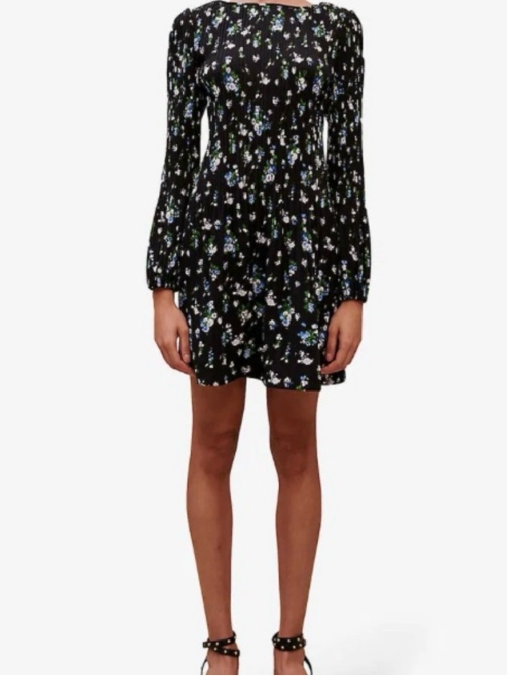 Maje Pleated Floral Mini Dress — Black/Blue — Size 36 — Like New